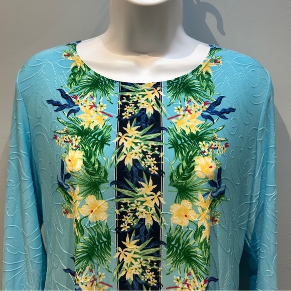 JM Collection Seafoam Blue Floral Top Medium NWT - Picture 2 of 7